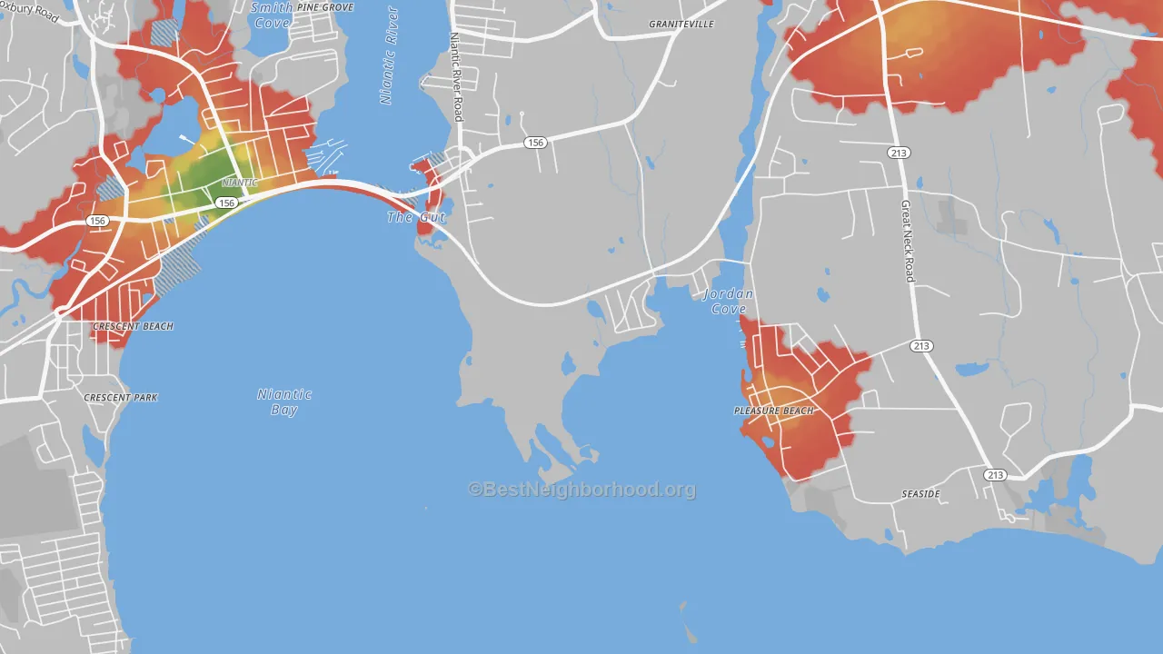 Walk Grade map of Millstone, CT, walkable areas in green and car-dependent areas in red