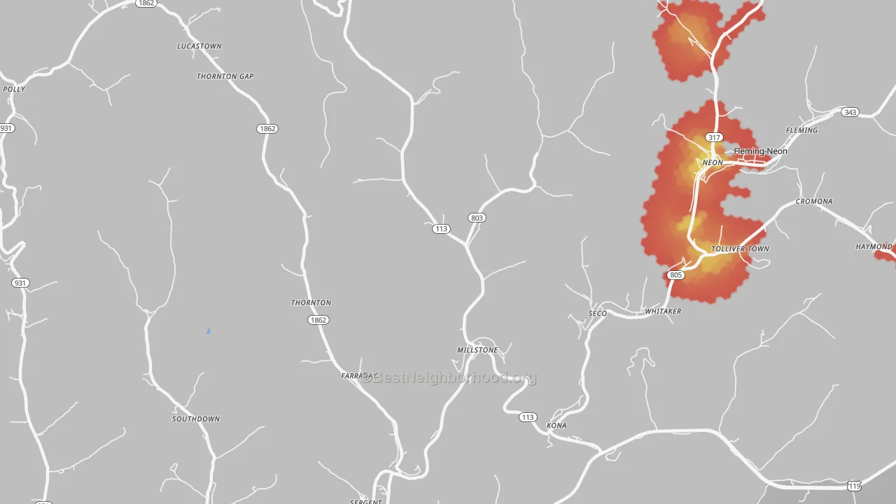 Walk Grade map of Millstone, KY, walkable areas in green and car-dependent areas in red