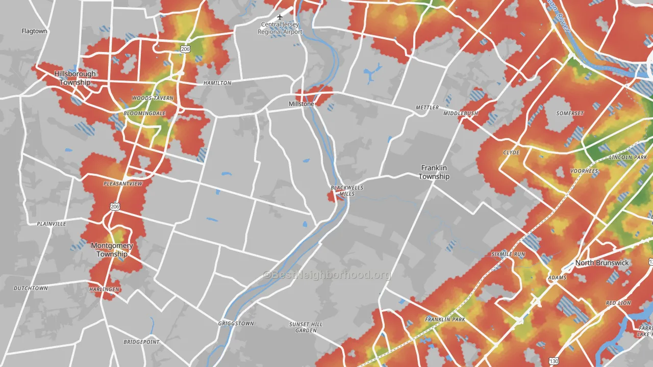 Walk Grade map of Millstone, NJ, walkable areas in green and car-dependent areas in red