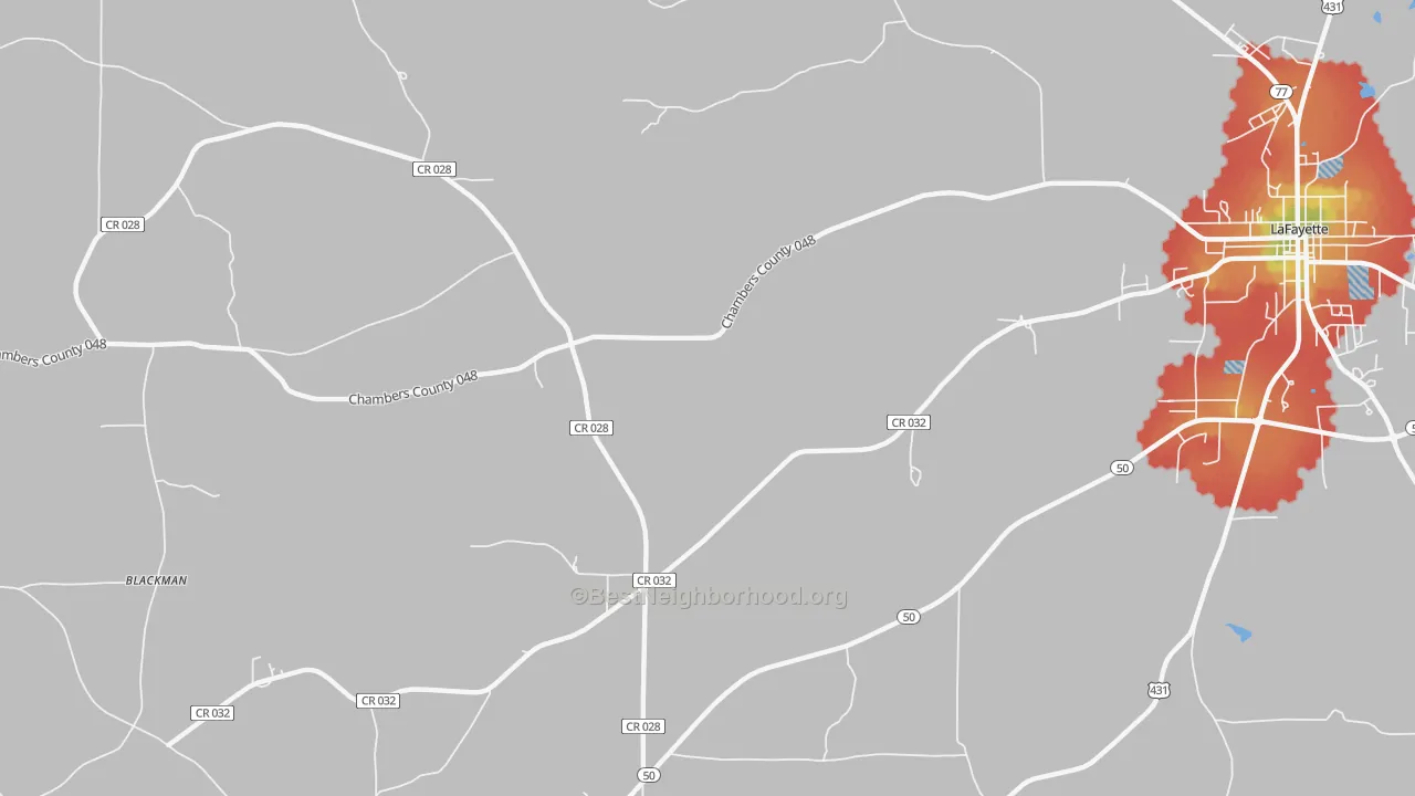 Walk Grade map of Milltown, AL, walkable areas in green and car-dependent areas in red
