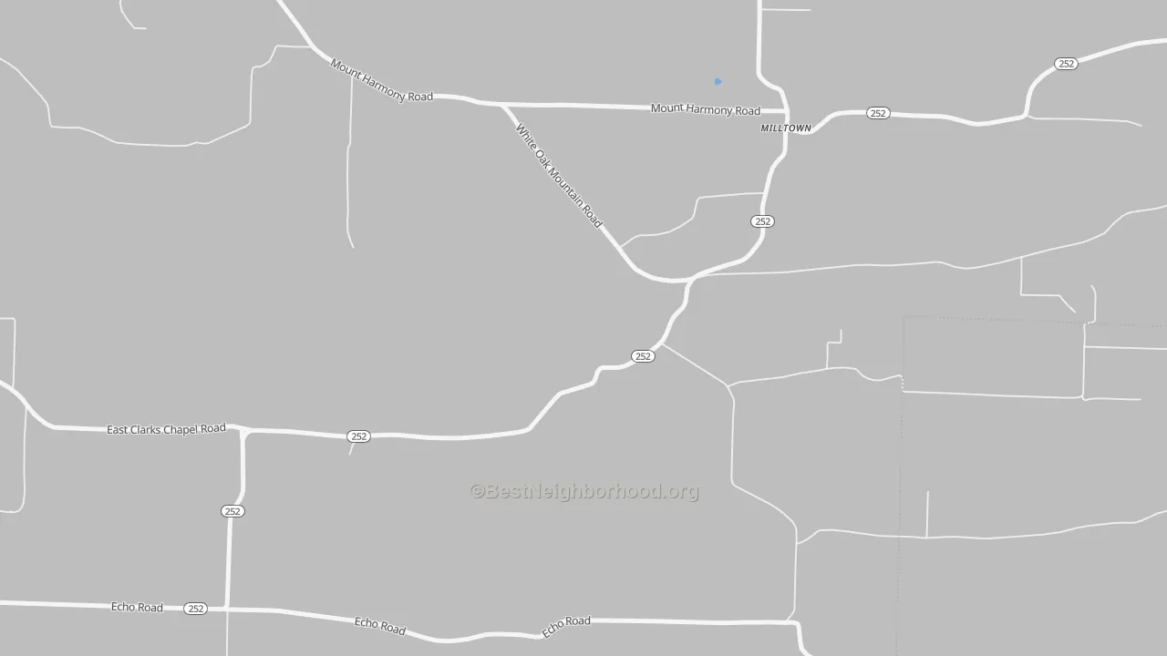 Walk Grade map of Milltown, AR, walkable areas in green and car-dependent areas in red
