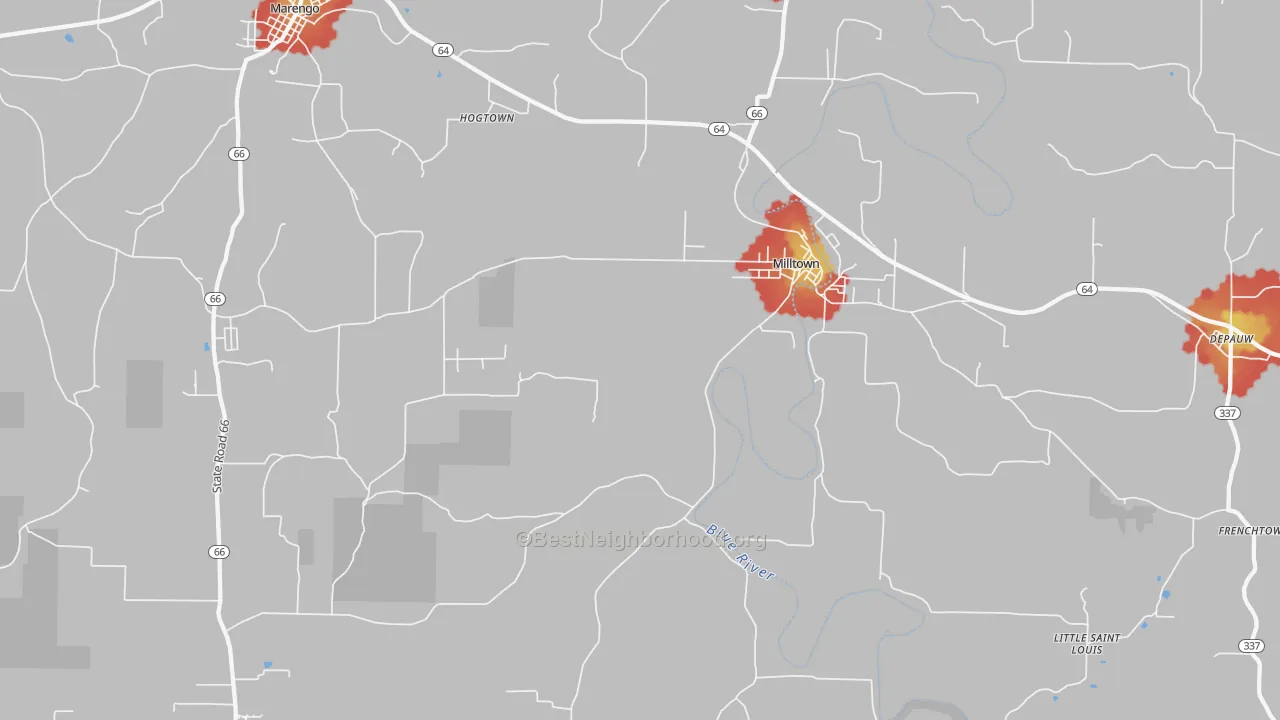 Walk Grade map of Milltown, IN, walkable areas in green and car-dependent areas in red