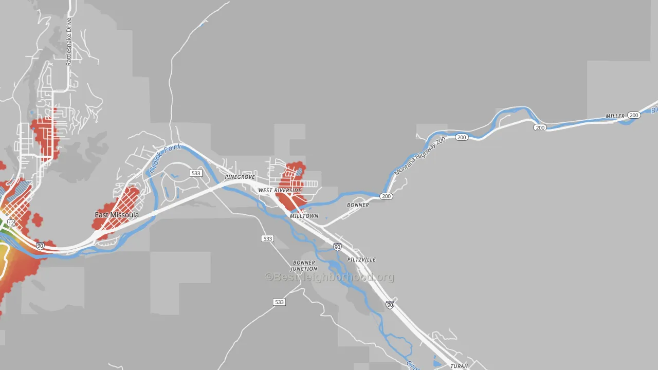 Walk Grade map of Milltown, MT, walkable areas in green and car-dependent areas in red