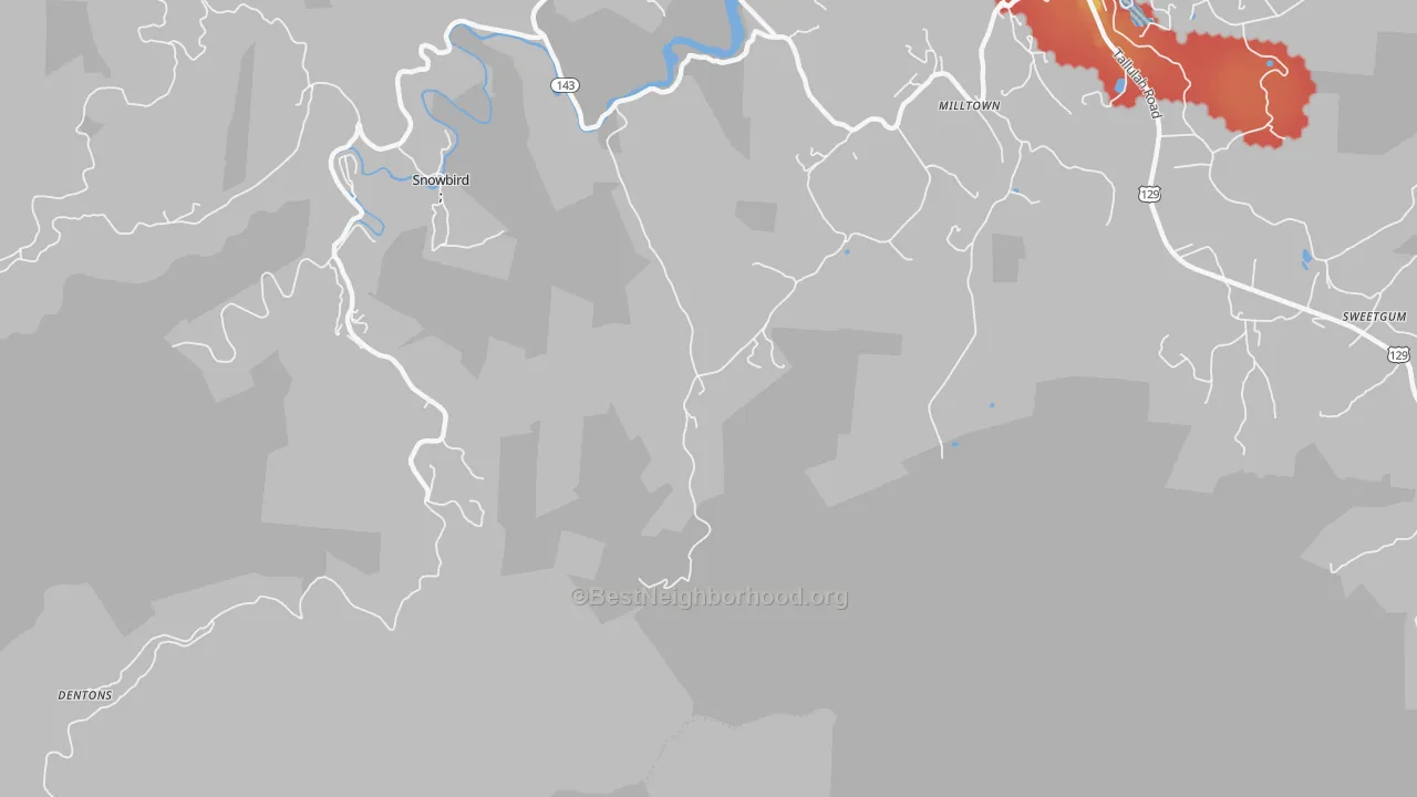 Walk Grade map of Milltown, NC, walkable areas in green and car-dependent areas in red