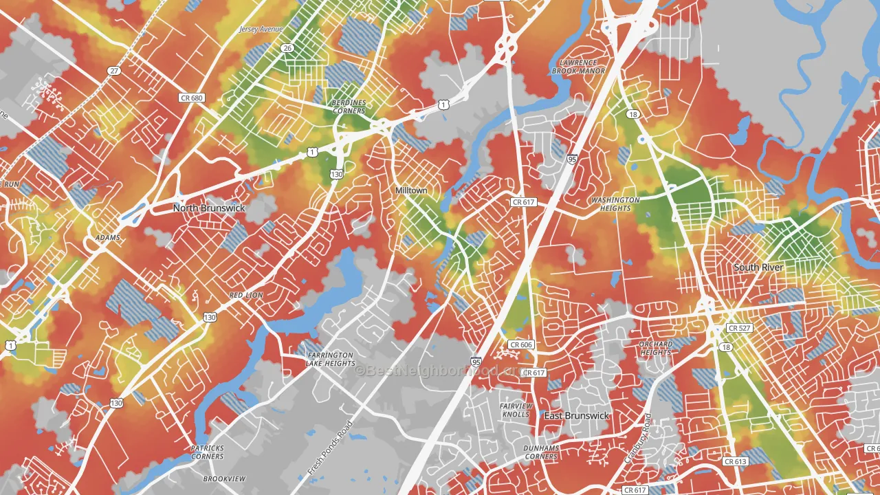 Walk Grade map of Milltown, NJ, walkable areas in green and car-dependent areas in red