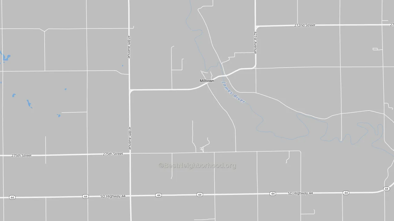 Walk Grade map of Milltown, SD, walkable areas in green and car-dependent areas in red