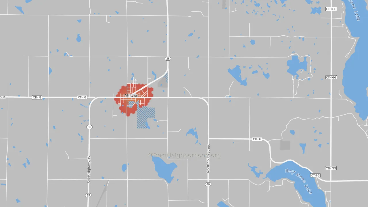 Walk Grade map of Milltown, WI, walkable areas in green and car-dependent areas in red