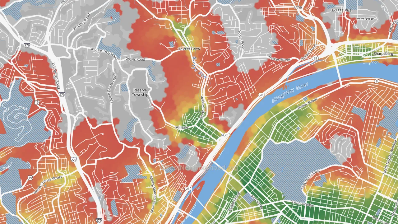 Walk Grade map of Millvale, PA, walkable areas in green and car-dependent areas in red