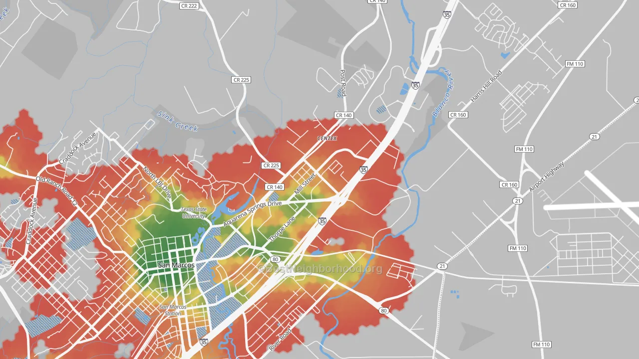 Walk Grade map of Millview East, San Marcos, TX, walkable areas in green and car-dependent areas in red