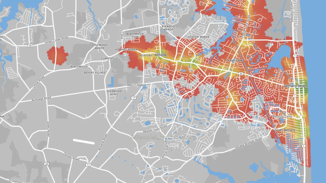 Walk Grade map of Millville, DE, walkable areas in green and car-dependent areas in red