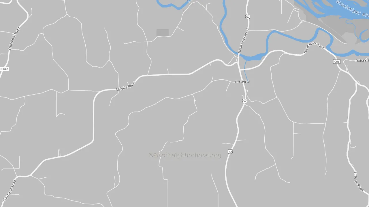 Walk Grade map of Millville, IA, walkable areas in green and car-dependent areas in red