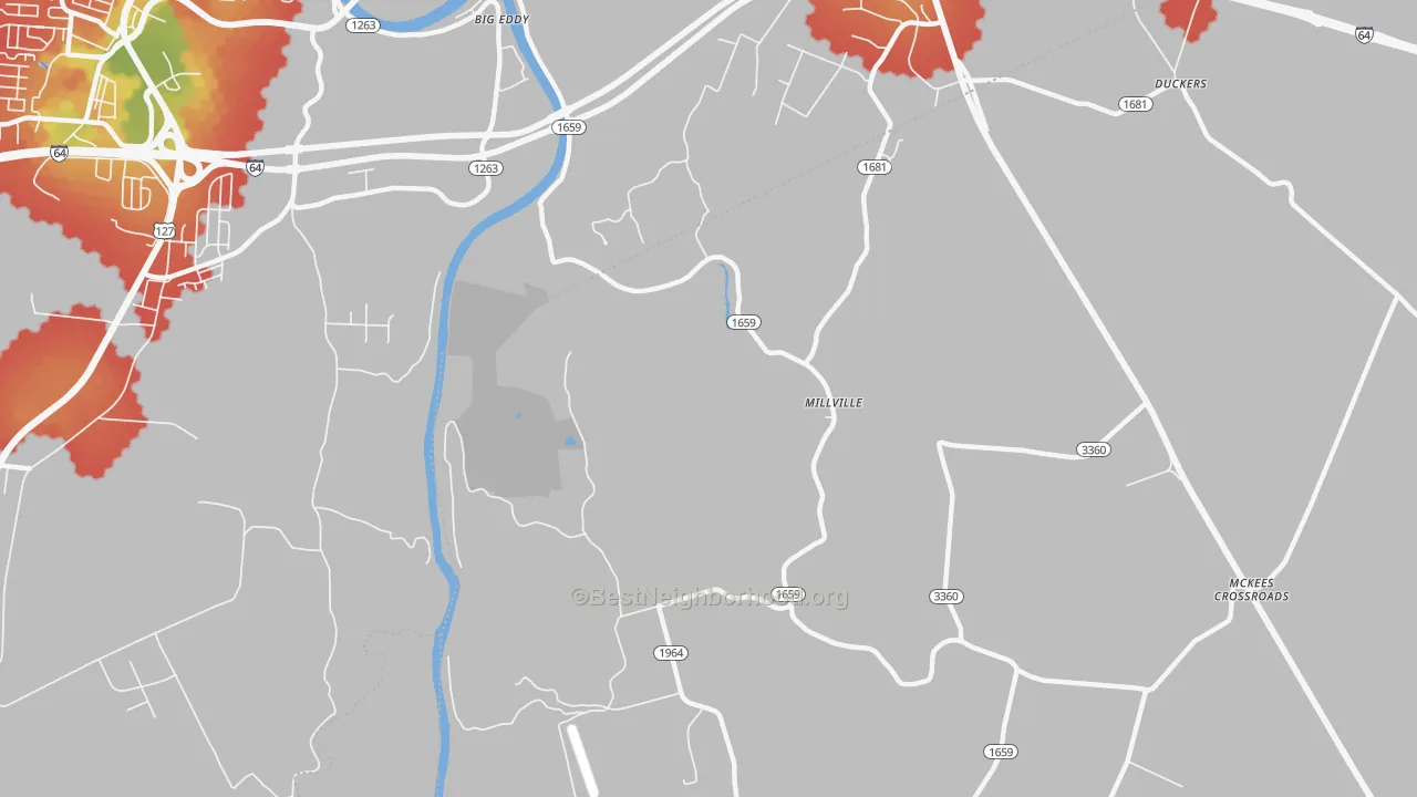 Walk Grade map of Millville, KY, walkable areas in green and car-dependent areas in red