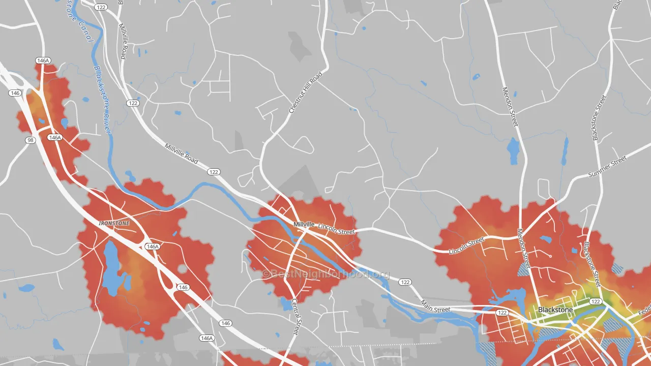 Walk Grade map of Millville, MA, walkable areas in green and car-dependent areas in red