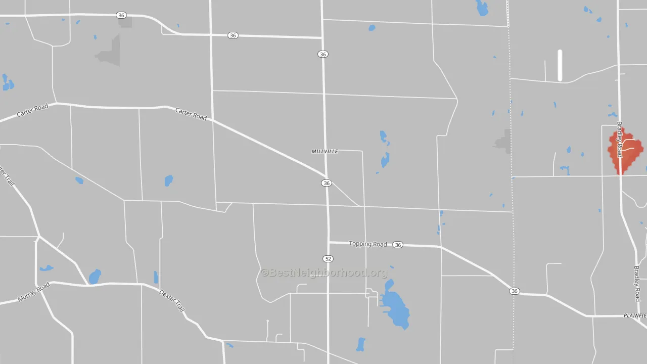 Walk Grade map of Millville, MI, walkable areas in green and car-dependent areas in red
