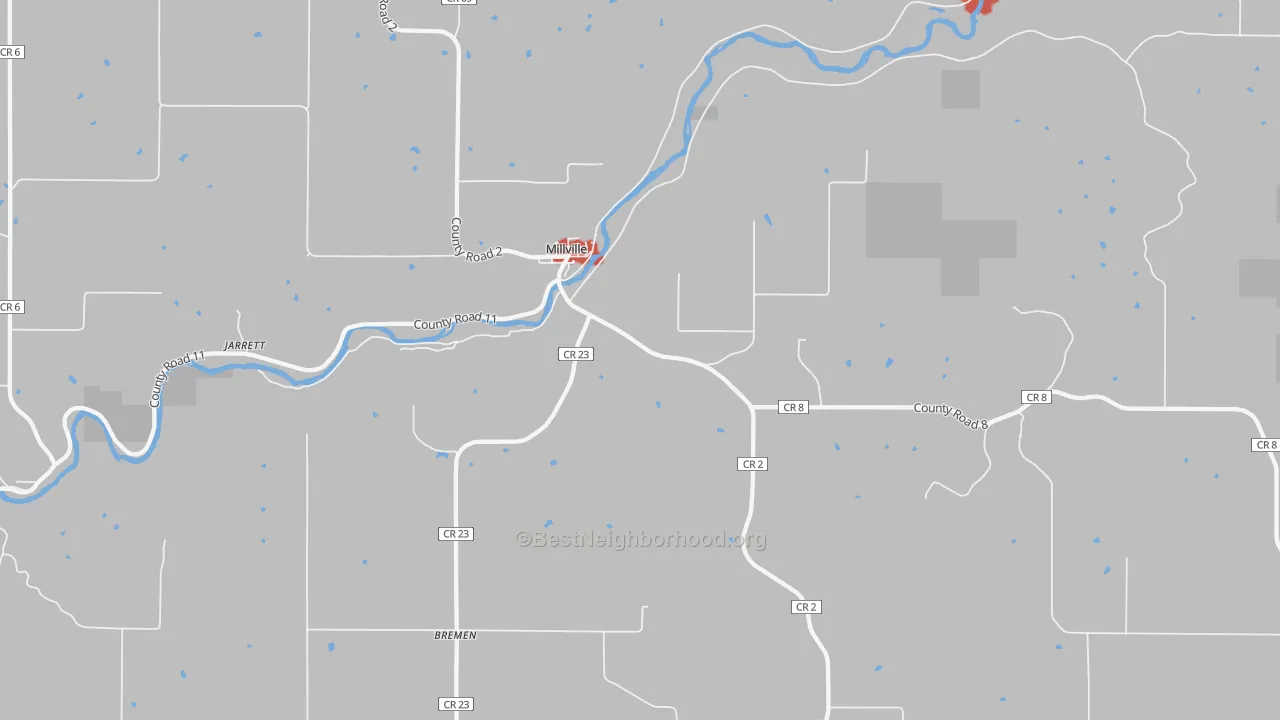 Walk Grade map of Millville, MN, walkable areas in green and car-dependent areas in red
