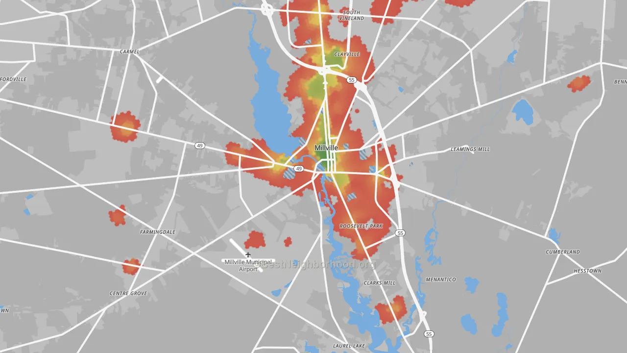 Walk Grade map of Millville, NJ, walkable areas in green and car-dependent areas in red