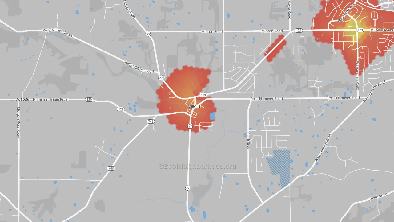 Walk Grade map of Millville, OH, walkable areas in green and car-dependent areas in red