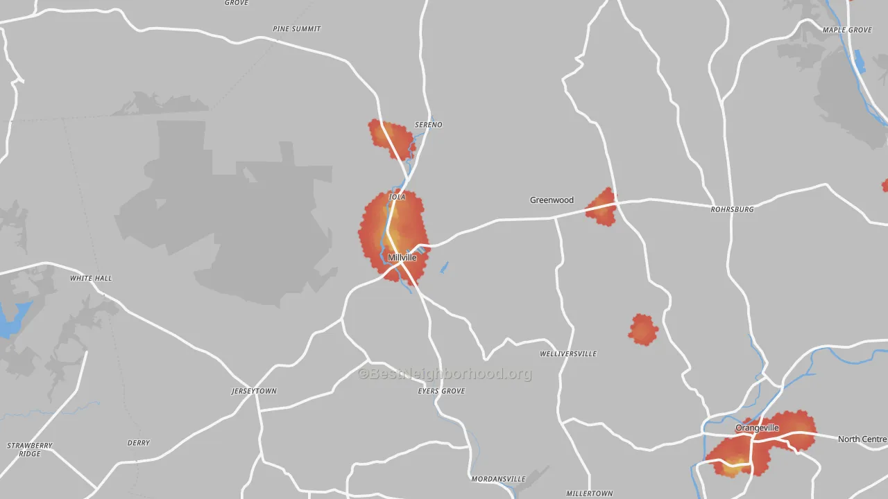 Walk Grade map of Millville, PA, walkable areas in green and car-dependent areas in red