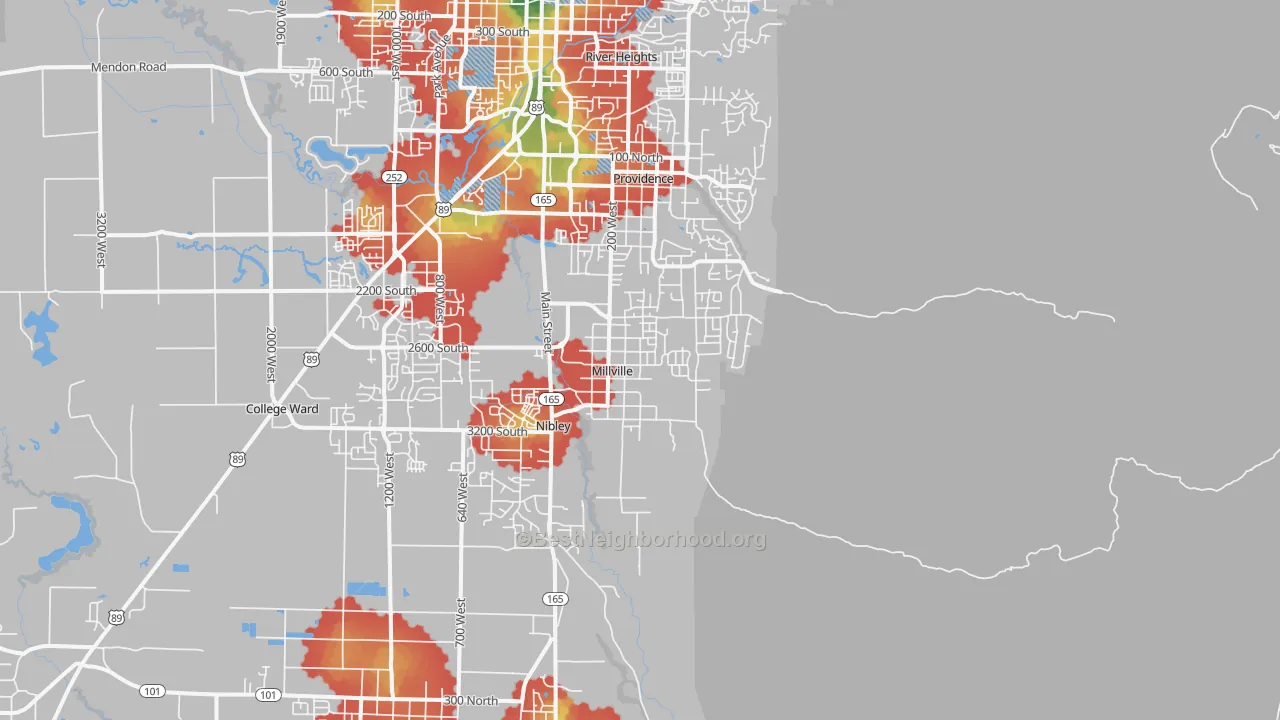 Walk Grade map of Millville, UT, walkable areas in green and car-dependent areas in red