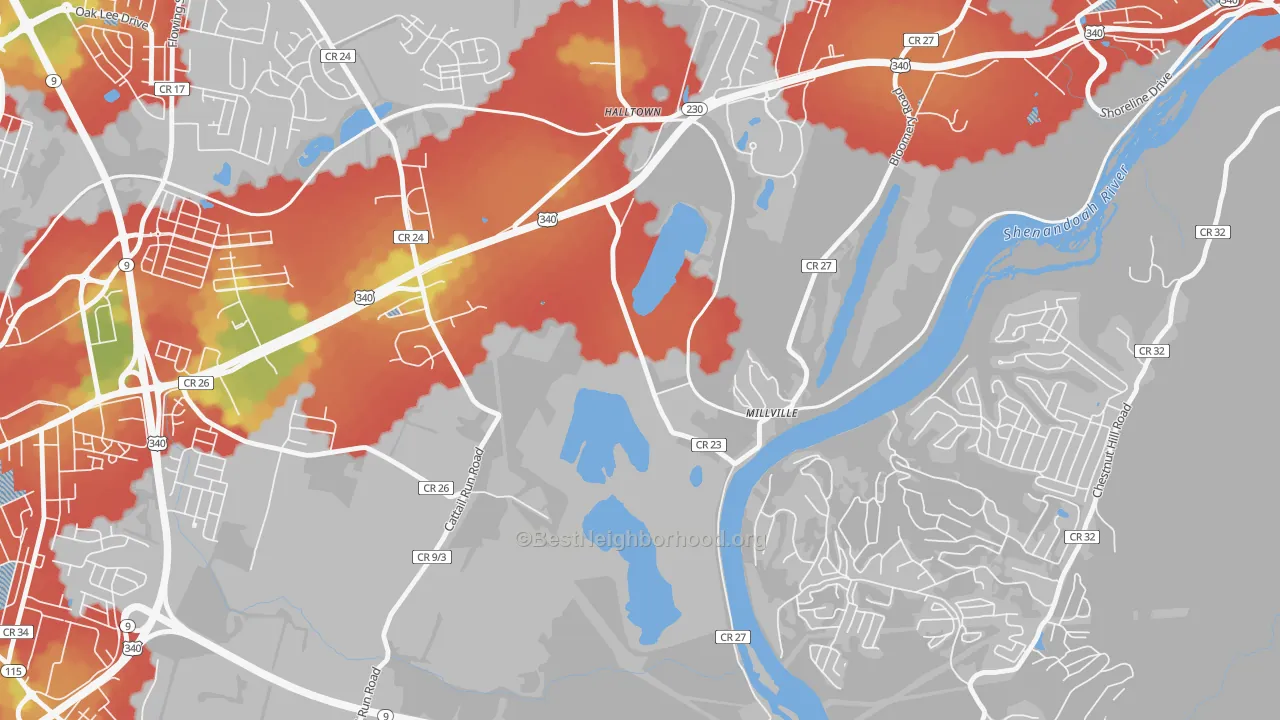 Walk Grade map of Millville, WV, walkable areas in green and car-dependent areas in red