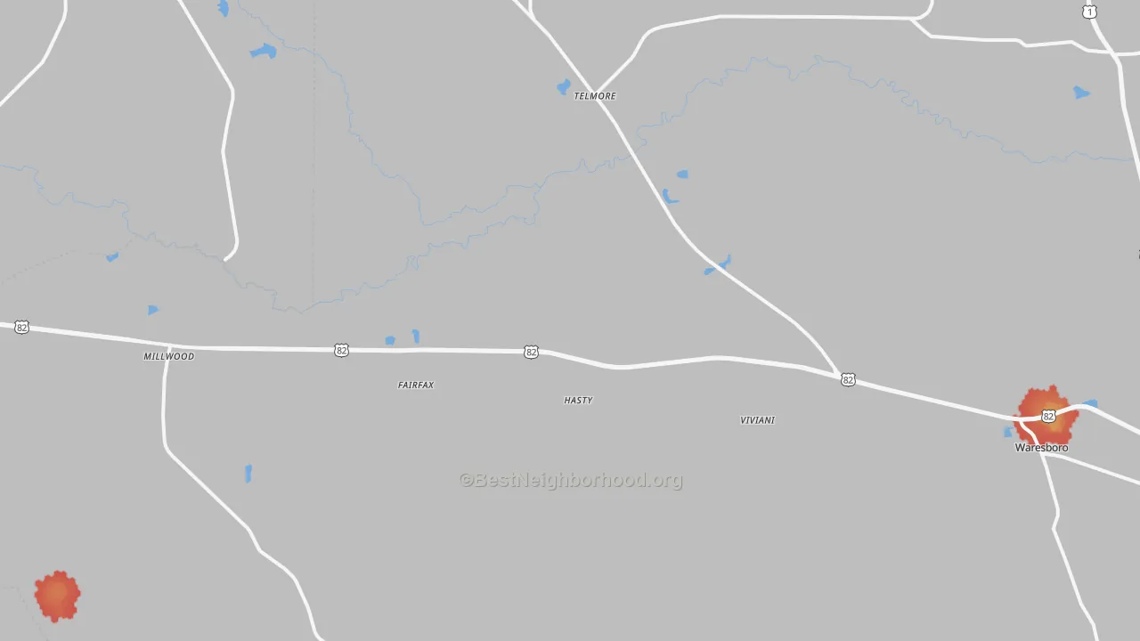 Walk Grade map of Millwood, GA, walkable areas in green and car-dependent areas in red
