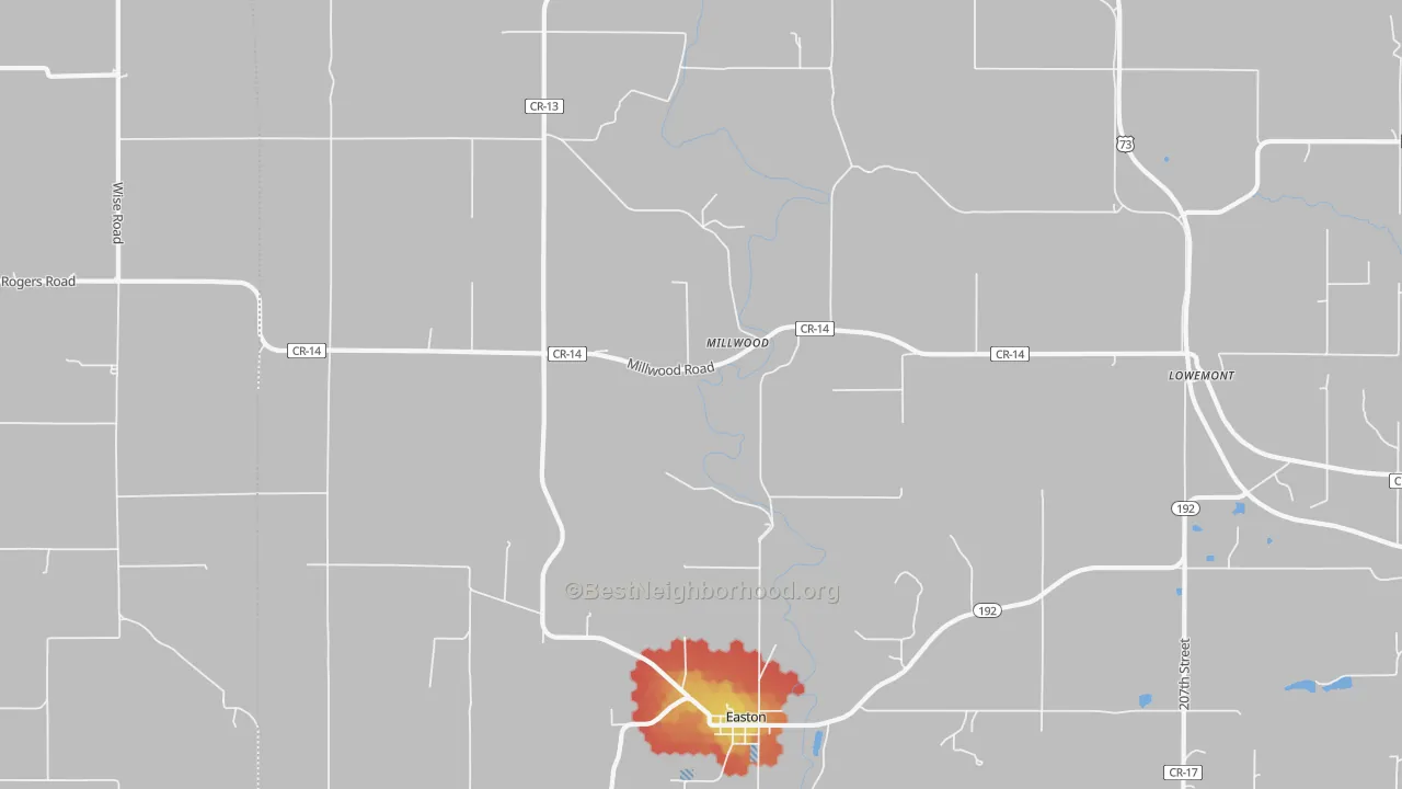 Walk Grade map of Millwood, KS, walkable areas in green and car-dependent areas in red