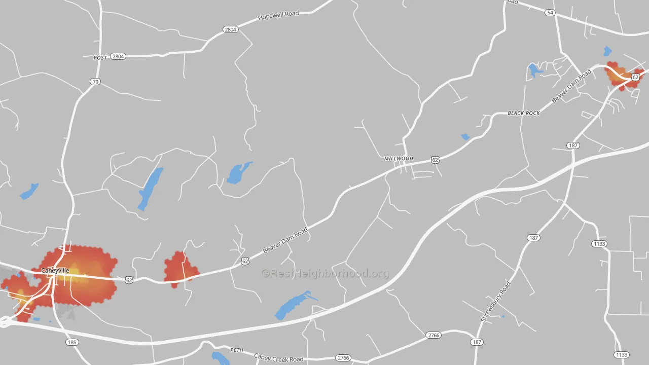 Walk Grade map of Millwood, KY, walkable areas in green and car-dependent areas in red