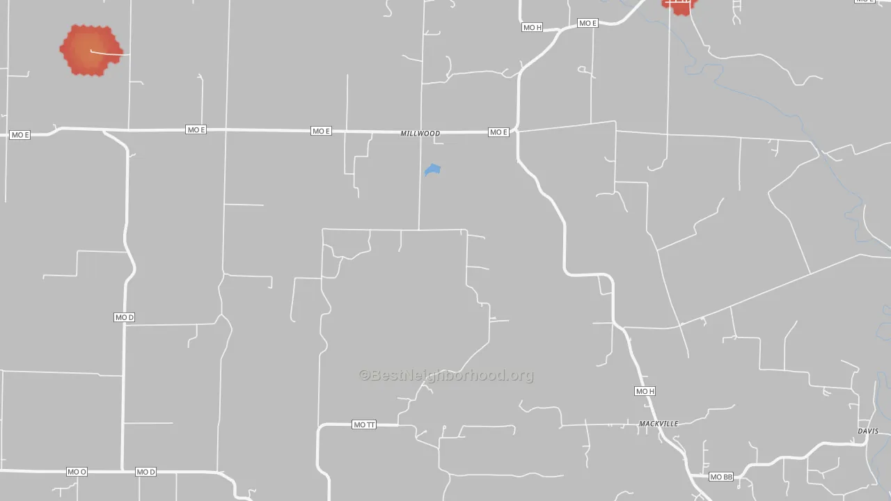 Walk Grade map of Millwood, MO, walkable areas in green and car-dependent areas in red