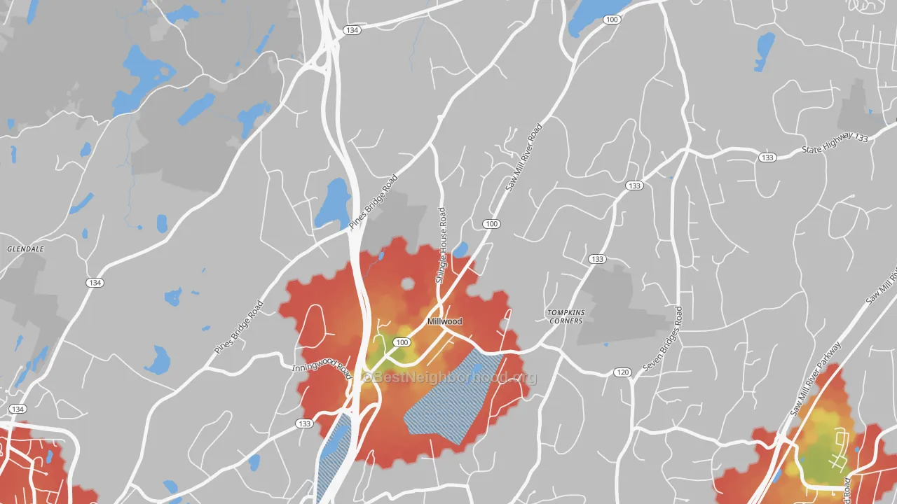 Walk Grade map of Millwood, NY, walkable areas in green and car-dependent areas in red