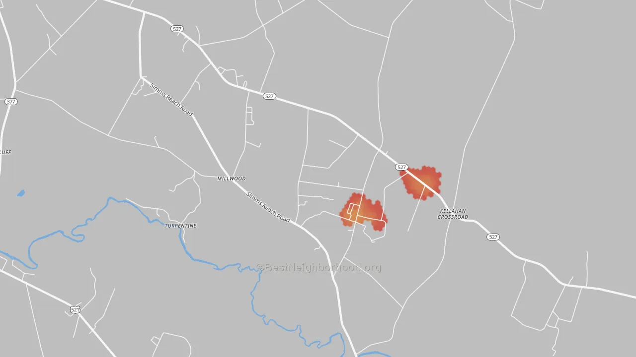 Walk Grade map of Millwood, SC, walkable areas in green and car-dependent areas in red