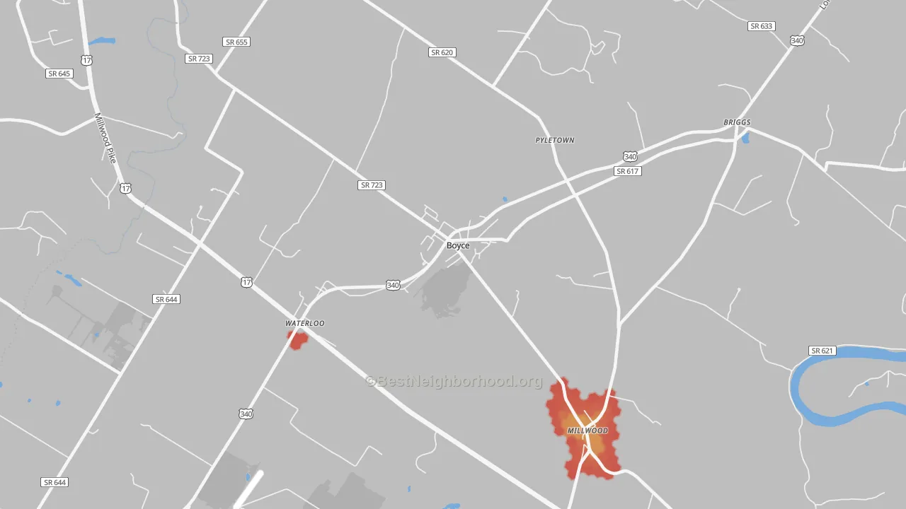 Walk Grade map of Millwood, VA, walkable areas in green and car-dependent areas in red