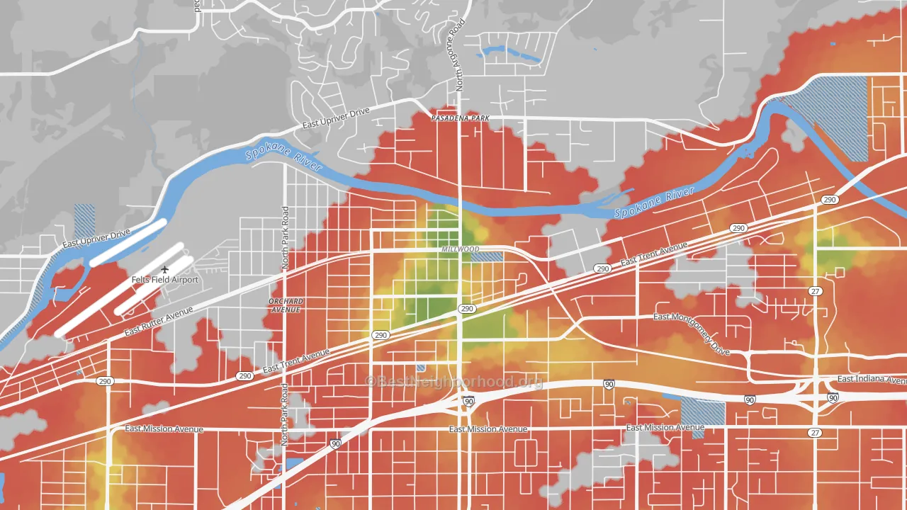 Walk Grade map of Millwood, WA, walkable areas in green and car-dependent areas in red
