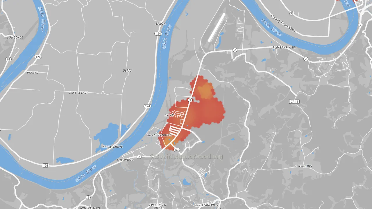 Walk Grade map of Millwood, WV, walkable areas in green and car-dependent areas in red