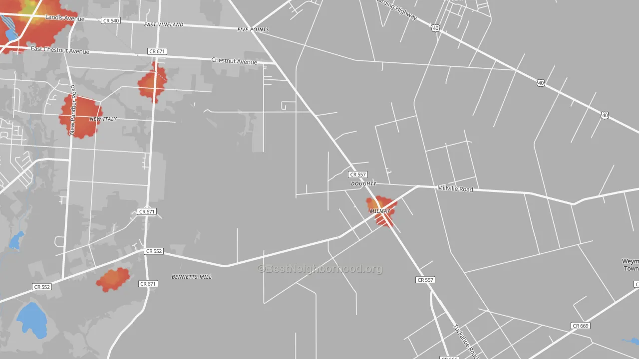 Walk Grade map of Milmay, NJ, walkable areas in green and car-dependent areas in red