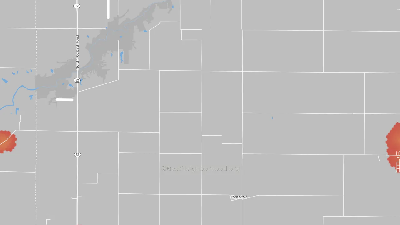 Walk Grade map of Milmine, IL, walkable areas in green and car-dependent areas in red