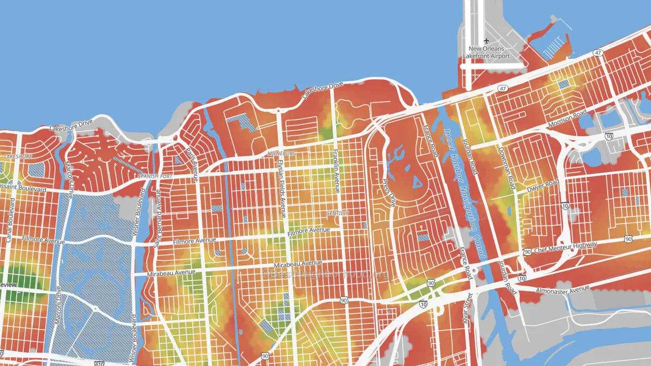Walk Grade map of Milneburg, New Orleans, LA, walkable areas in green and car-dependent areas in red
