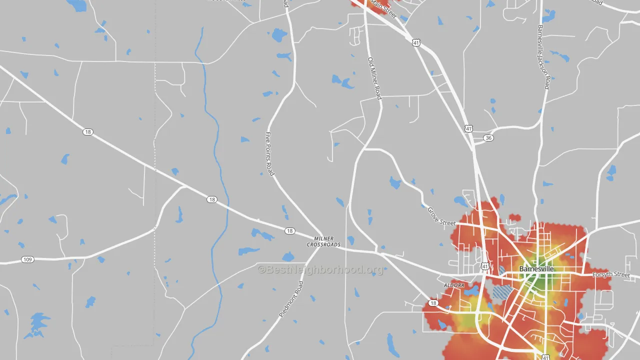 Walk Grade map of Milner Crossroads, GA, walkable areas in green and car-dependent areas in red