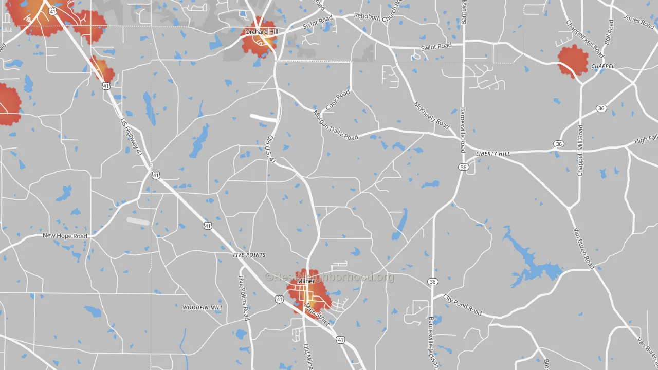 Walk Grade map of Milner, GA, walkable areas in green and car-dependent areas in red