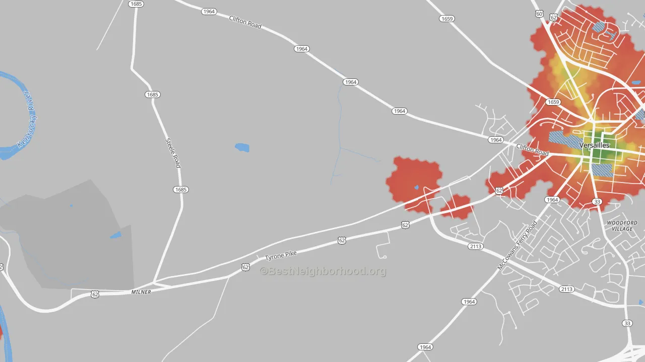 Walk Grade map of Milner, KY, walkable areas in green and car-dependent areas in red