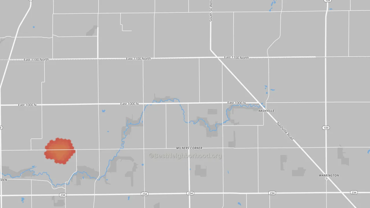 Walk Grade map of Milners Corner, IN, walkable areas in green and car-dependent areas in red