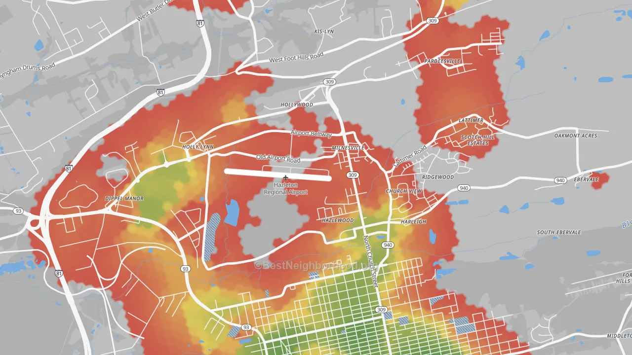 Walk Grade map of Milnesville, PA, walkable areas in green and car-dependent areas in red