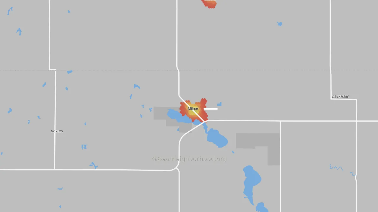 Walk Grade map of Milnor, ND, walkable areas in green and car-dependent areas in red
