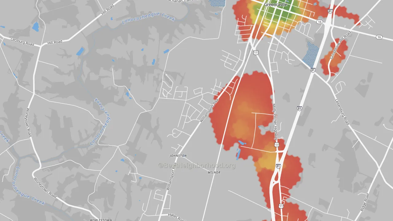 Walk Grade map of Milnor, PA, walkable areas in green and car-dependent areas in red