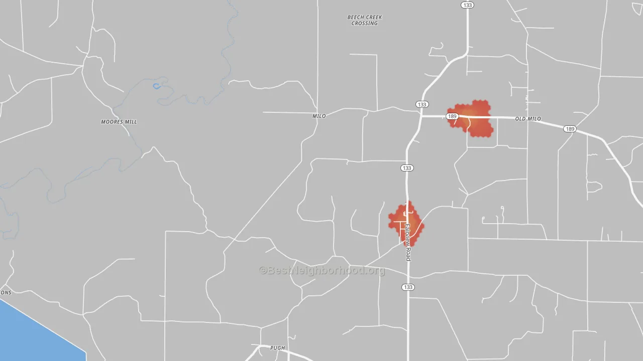 Walk Grade map of Milo, AR, walkable areas in green and car-dependent areas in red
