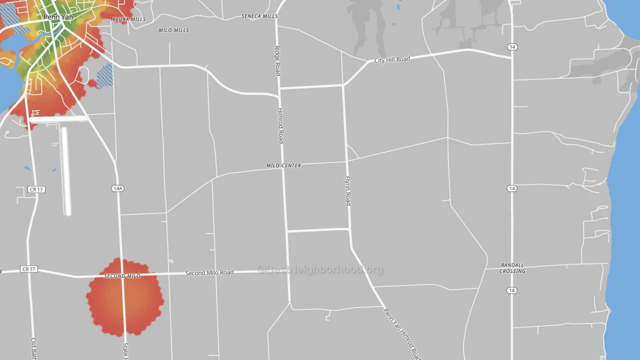 Walk Grade map of Milo Center, NY, walkable areas in green and car-dependent areas in red