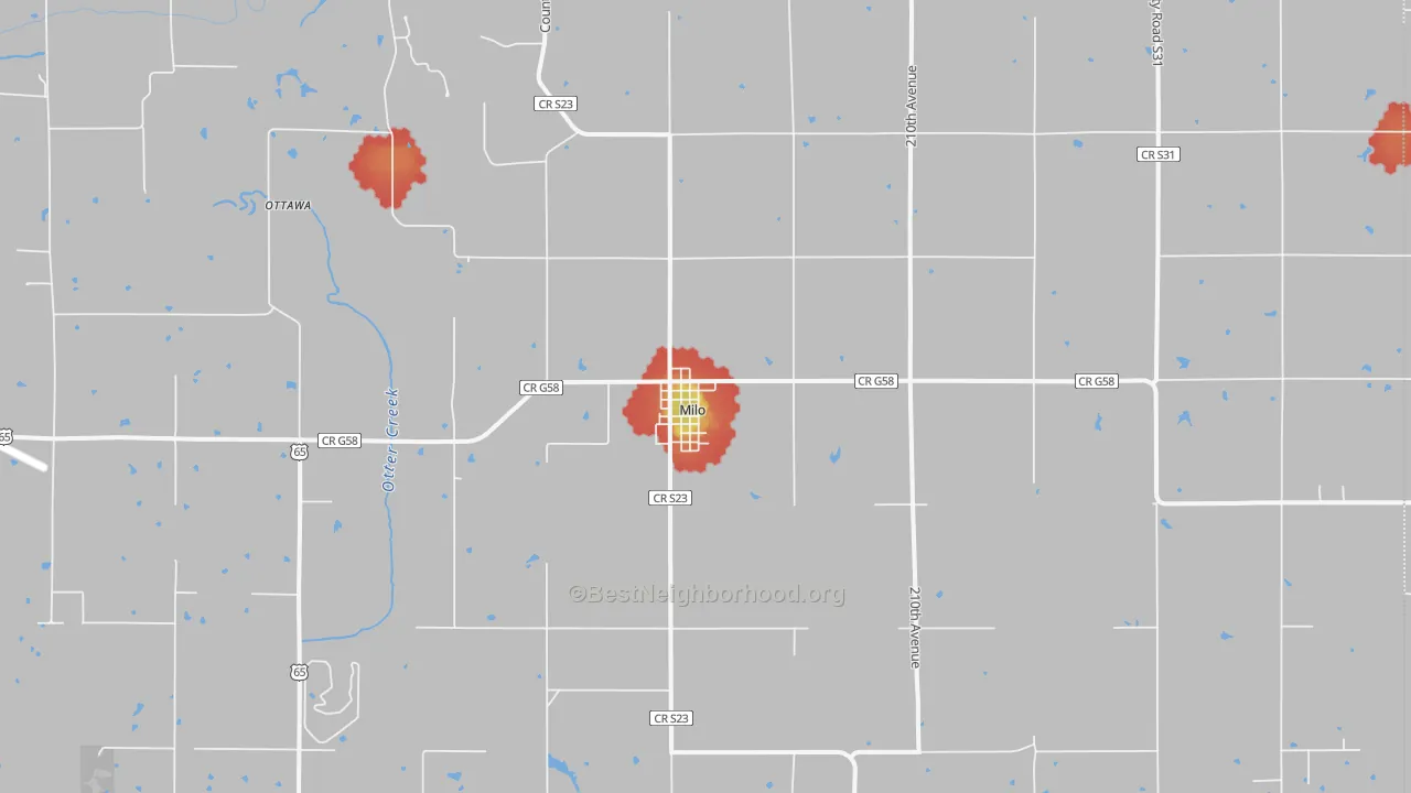 Walk Grade map of Milo, IA, walkable areas in green and car-dependent areas in red