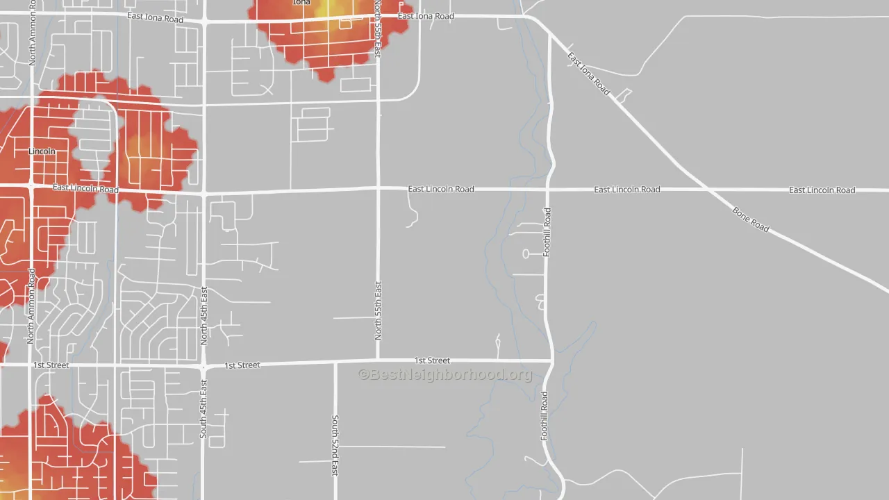 Walk Grade map of Milo, ID, walkable areas in green and car-dependent areas in red
