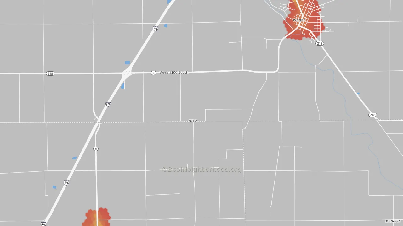 Walk Grade map of Milo, IN, walkable areas in green and car-dependent areas in red