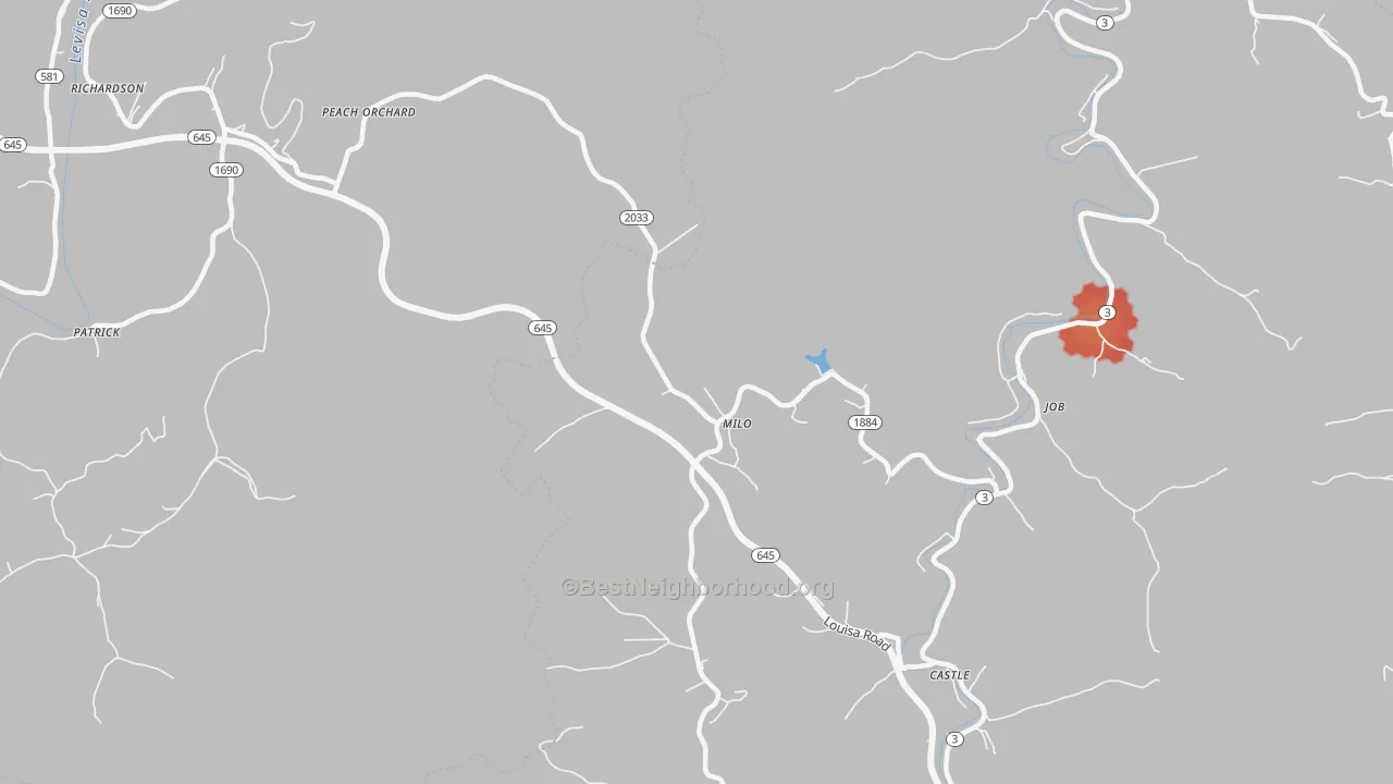 Walk Grade map of Milo, KY, walkable areas in green and car-dependent areas in red