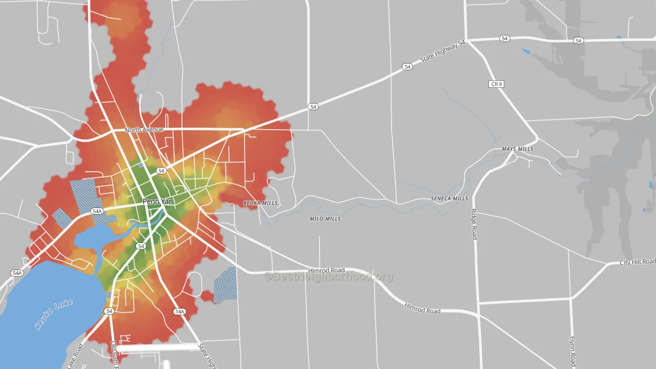 Walk Grade map of Milo Mills, NY, walkable areas in green and car-dependent areas in red